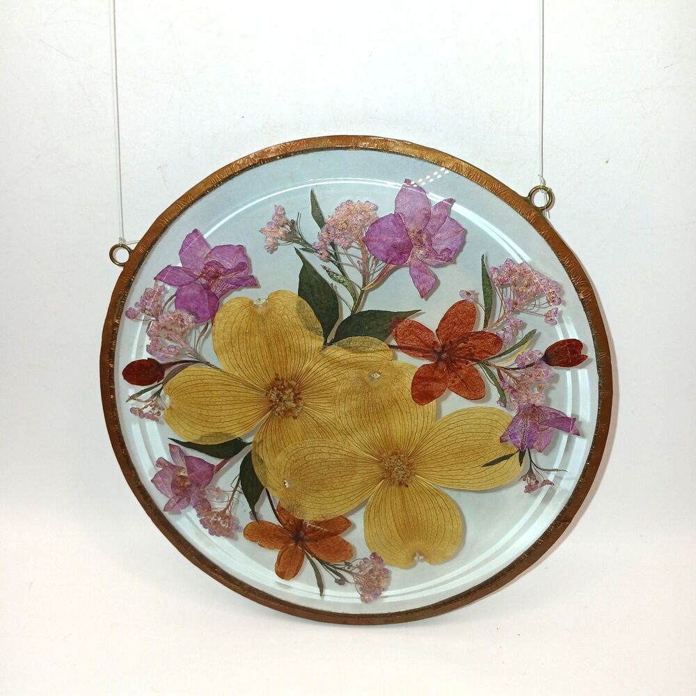 Pressed Flowers Under Glass Sun Catcher Dogwood Pink Purple Beige 6 inches
